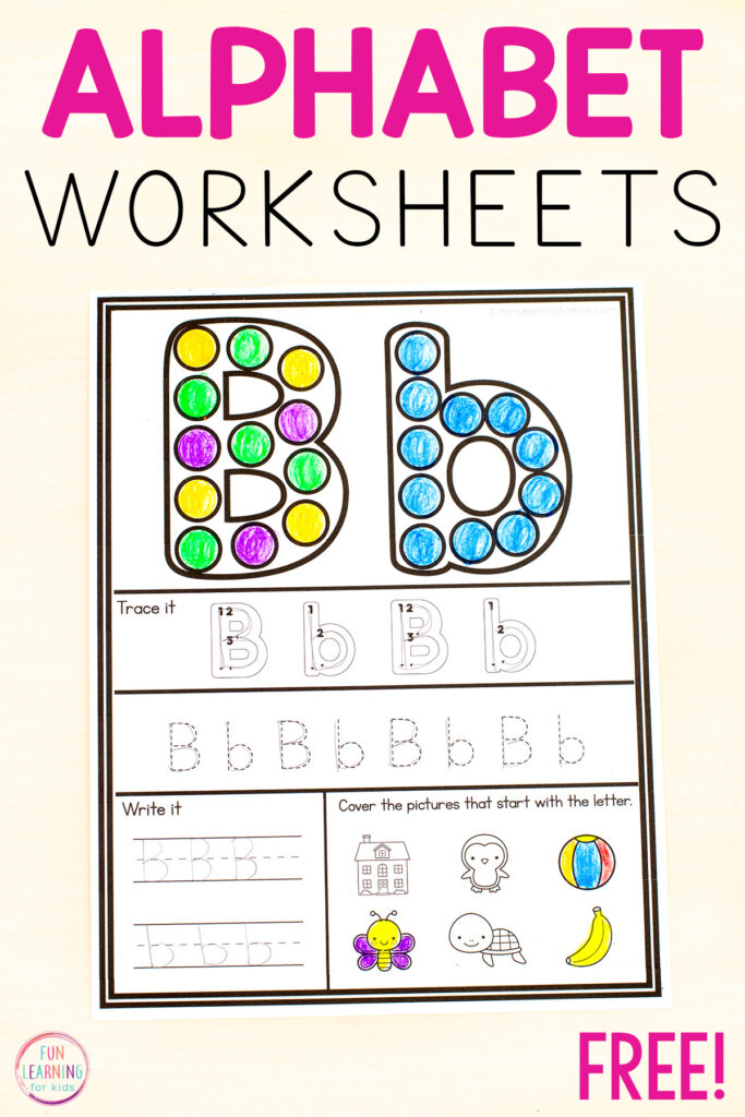 Printable alphabet worksheets for learning letters and letter sounds in preschool and kindergarten.