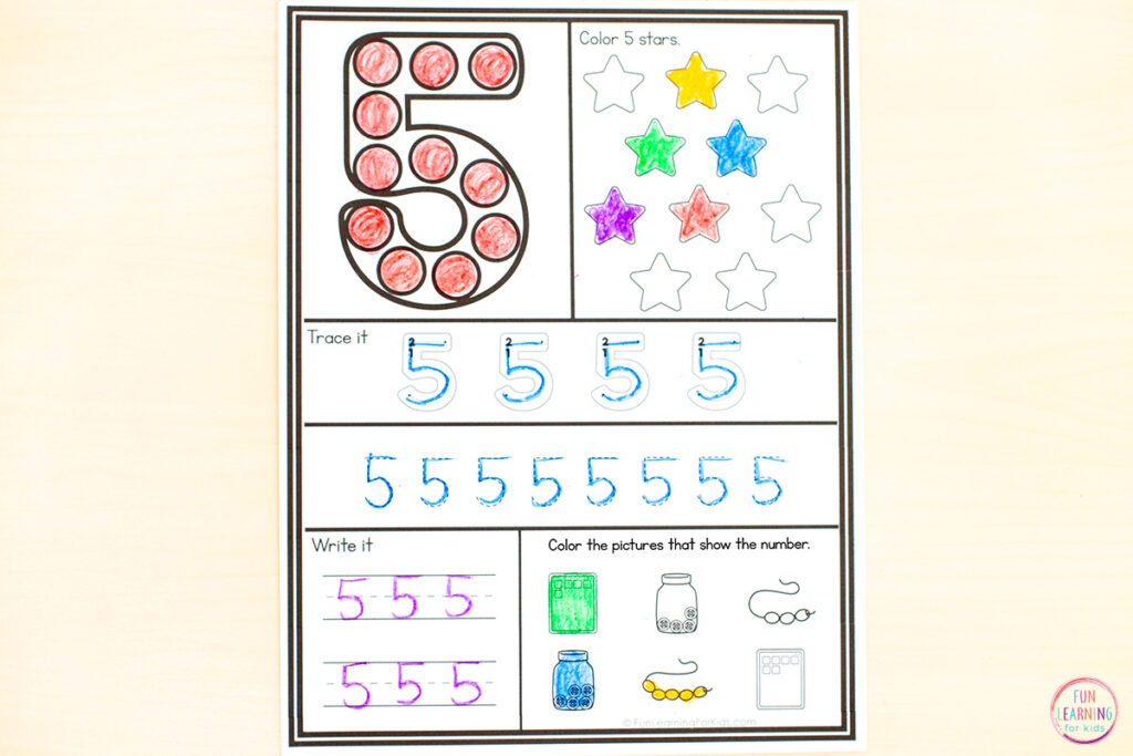 Number learning practice sheets for kids.