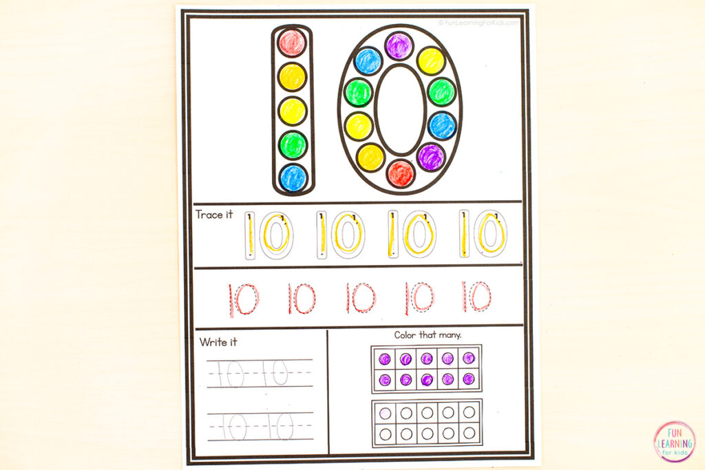 Teach numbers with these hands-on number learning worksheets for practice with number recognition, number formation, number writing and counting.