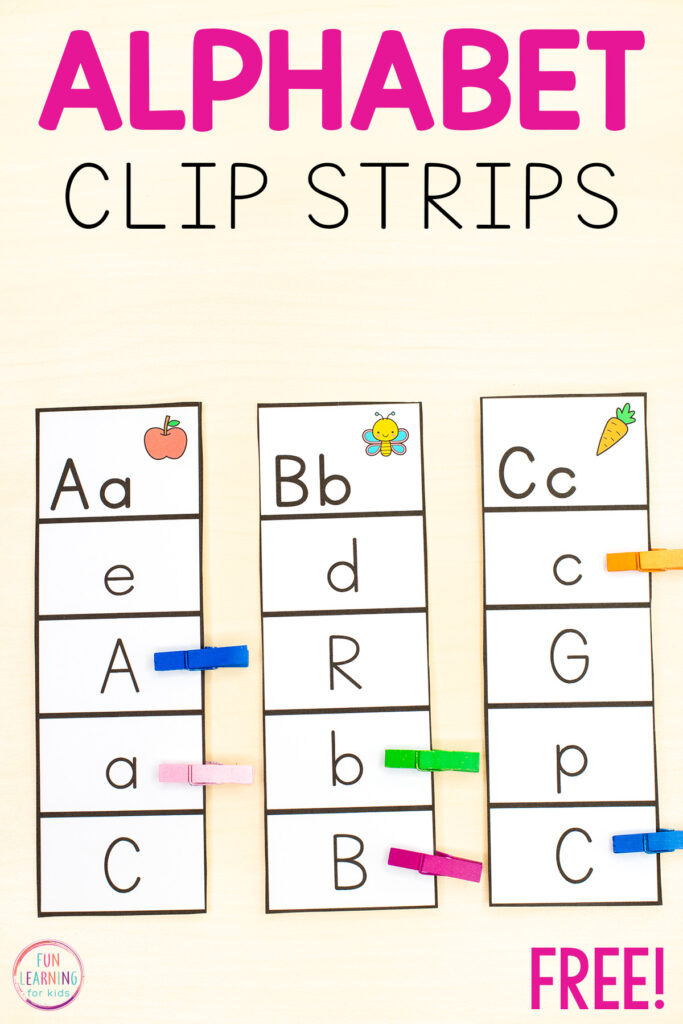 Free printable alphabet letter recognition clip cards for kids to learn letter identification in pre-k and kindergarten.