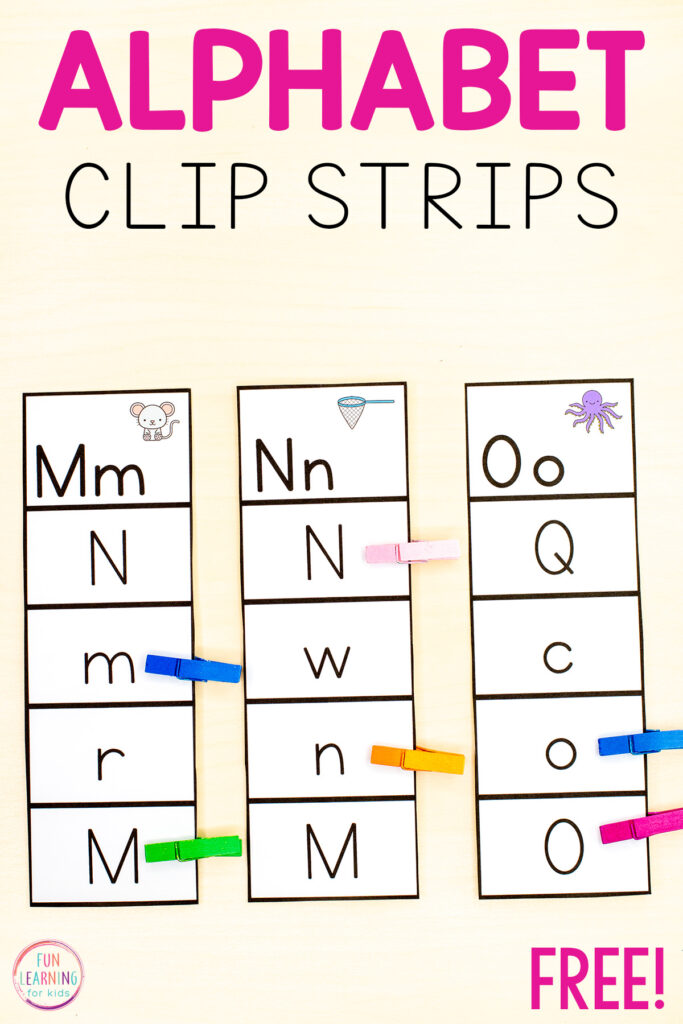 Printable alphabet letter identification clip strips for learning lowercase and uppercase letters and letter matching.