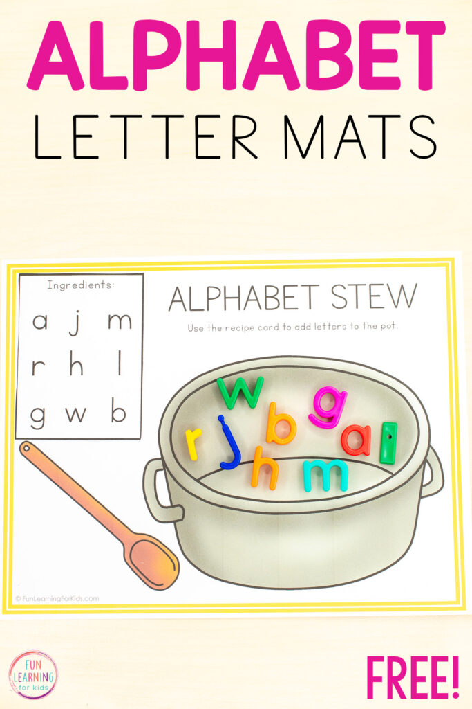 Free printable alphabet stew letter recognition mats for learning letters in pre-k and kindergarten.