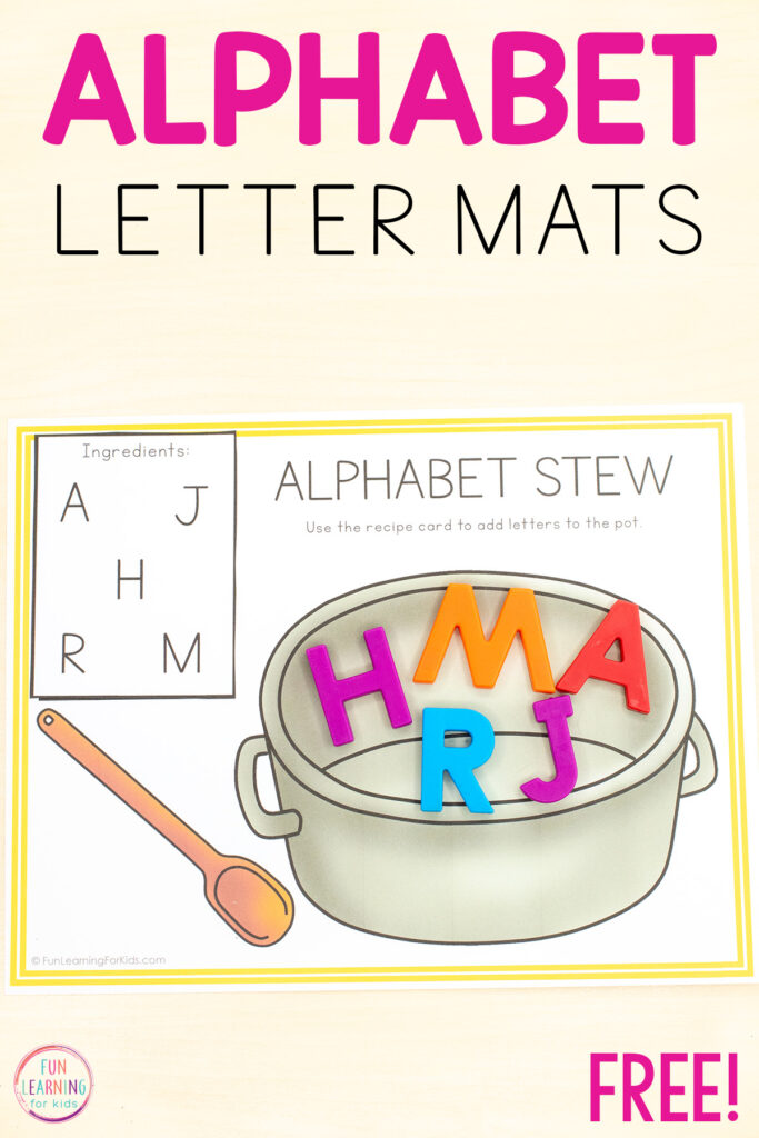 Free printable letter identification mats for learning letters in alphabet or literacy centers in pre-k and kindergarten.