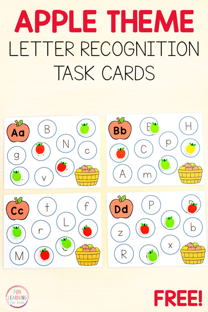 Printable apple theme alphabet task cards for practice with letter recognition this fall.