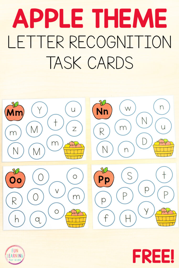 Apple theme letter identification alphabet task cards for kids in preschool, pre-k and kindergarten.