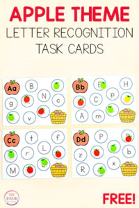 Free printable apple theme alphabet task cards.