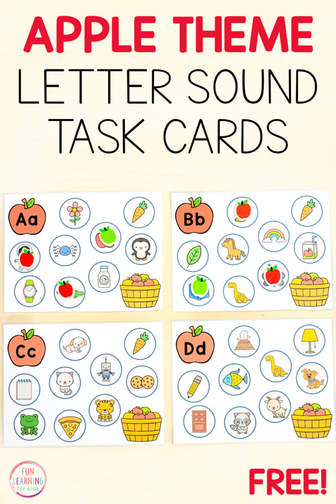 Free printable apple theme beginning sounds task cards for learning letter sounds in kindergarten.