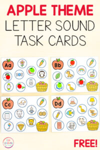 Apple theme beginning sounds task cards for letter learning in kindergarten.