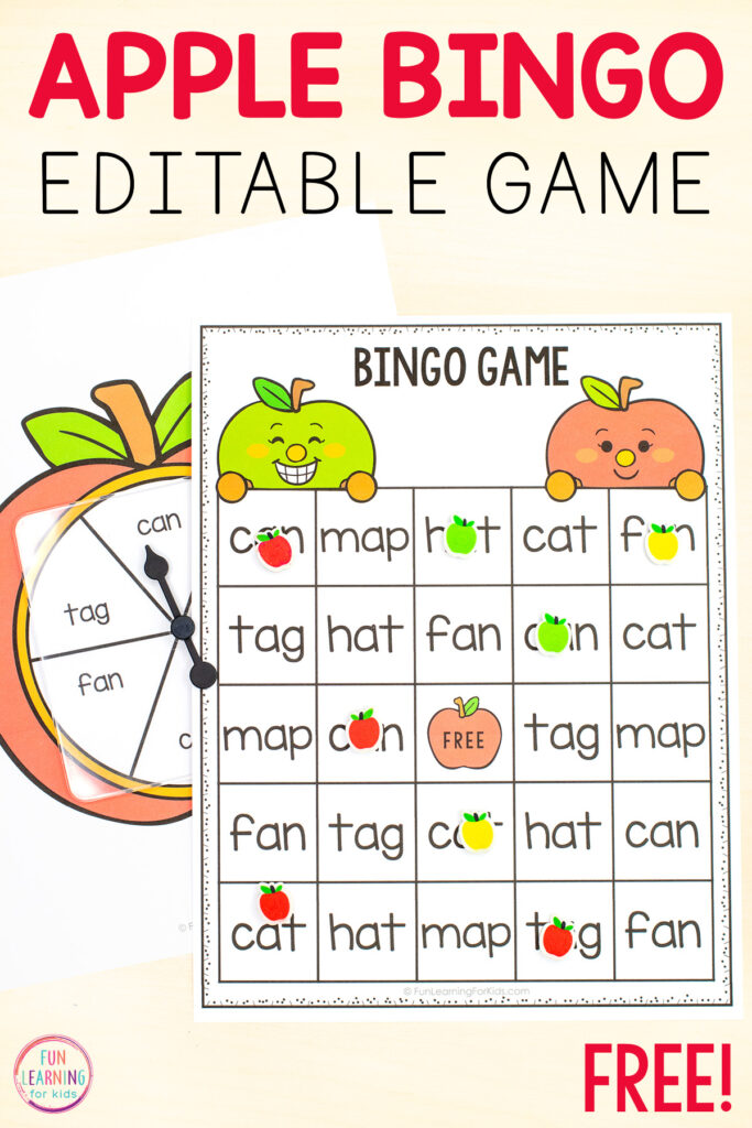 Free printable apple theme bingo game that is editable and can be used for practice with reading and fluency.