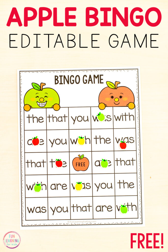 Editable apple theme bingo game for literacy centers and small groups. A fun bingo reading game for kids.