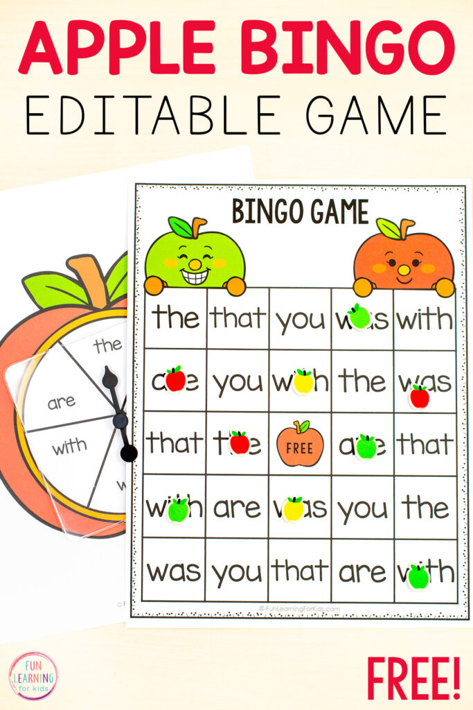 Printable apple theme bingo game that you can edit and type in any words you want.