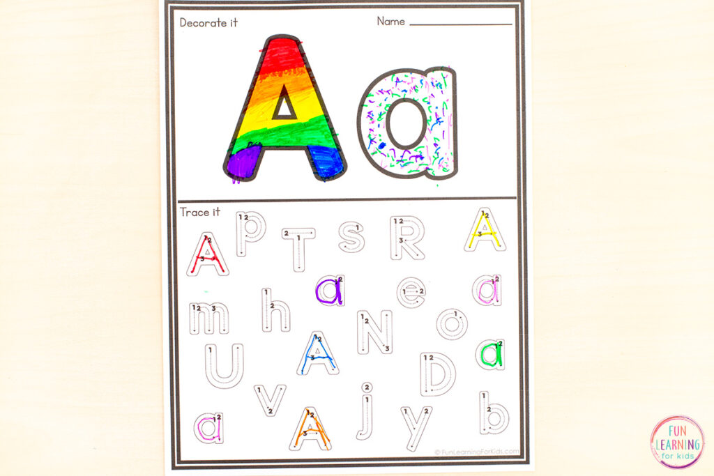 Alphabet worksheets with big uppercase and lowercase bubble letters at the top. Then a letter search box at the bottom where students will search for the uppercase and lowercase tracing letters and when they find it they will trace it.