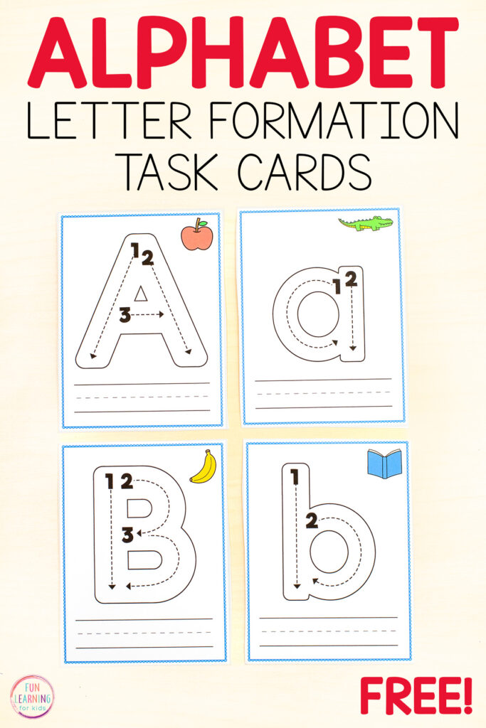 Free printable alphabet letter tracing task cards for learning letter formation, letter recognition and letter sounds.