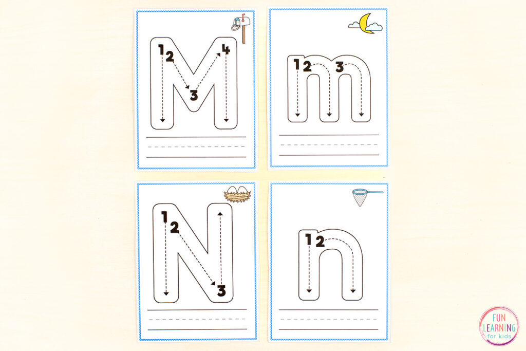 Alphabet letter formation cards for letter writing practice.
