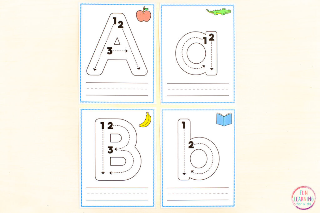 Alphabet letter tracing task cards for letter formation practice.
