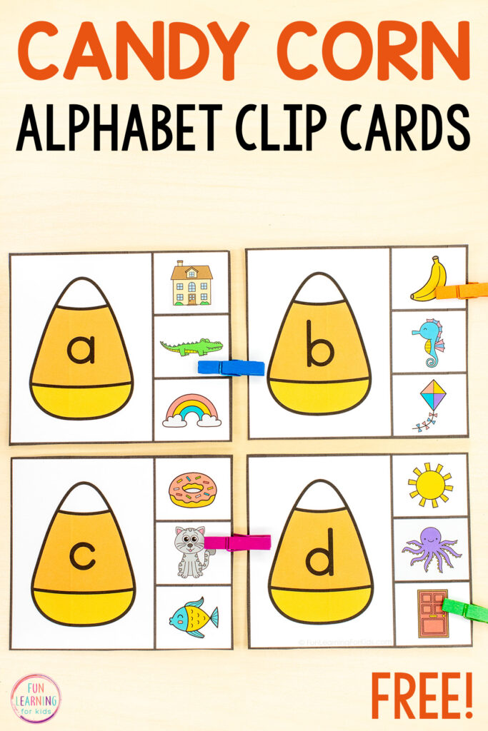 Candy corn alphabet beginning sounds clip cards activity for learning letters and letter sounds this fall.