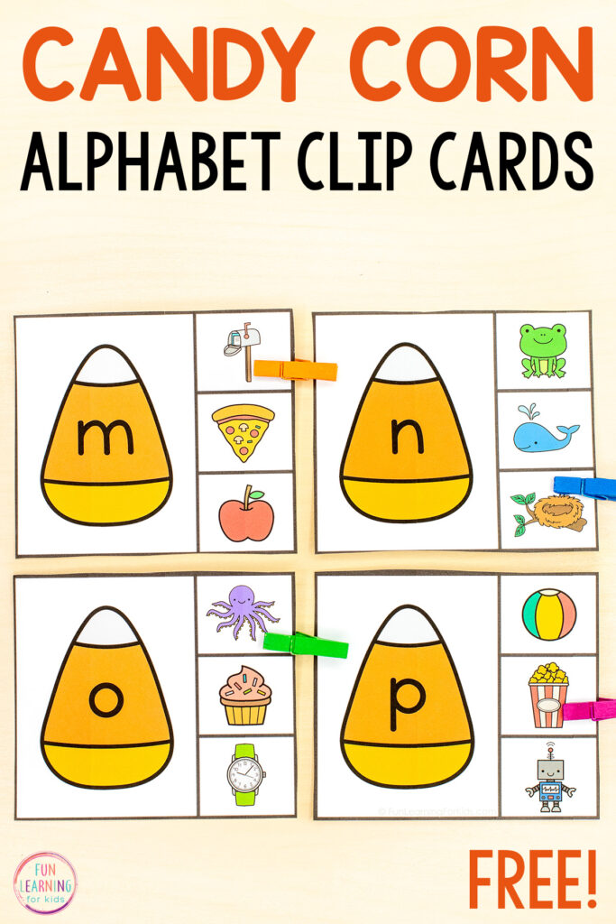 Candy corn beginning sounds alphabet activity for fall literacy centers in kindergarten.