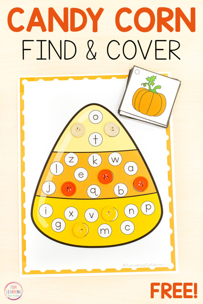 Free printable candy corn find and cover the letter mats for practice with letter recognition and beginning letter sounds. 