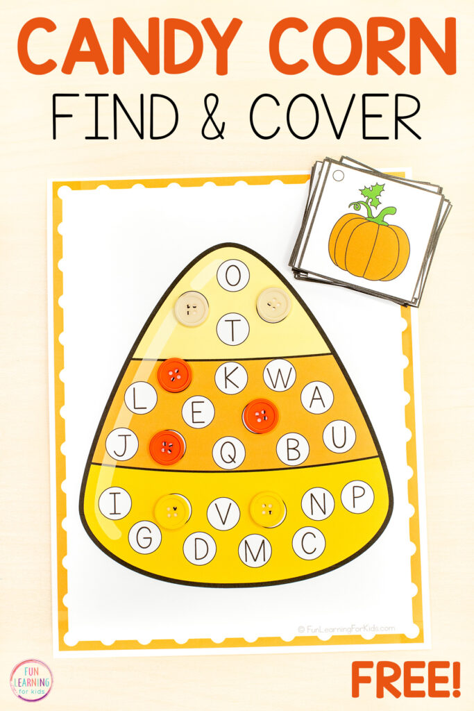 Free printable candy corn alphabet activity for kids to learn letters and letter sounds in a fun, hands-on way.
