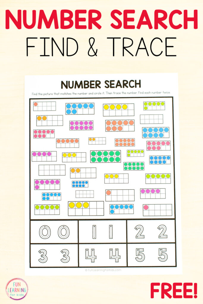 Find and trace number search worksheets for learning numbers, counting and number formation in kindergarten.