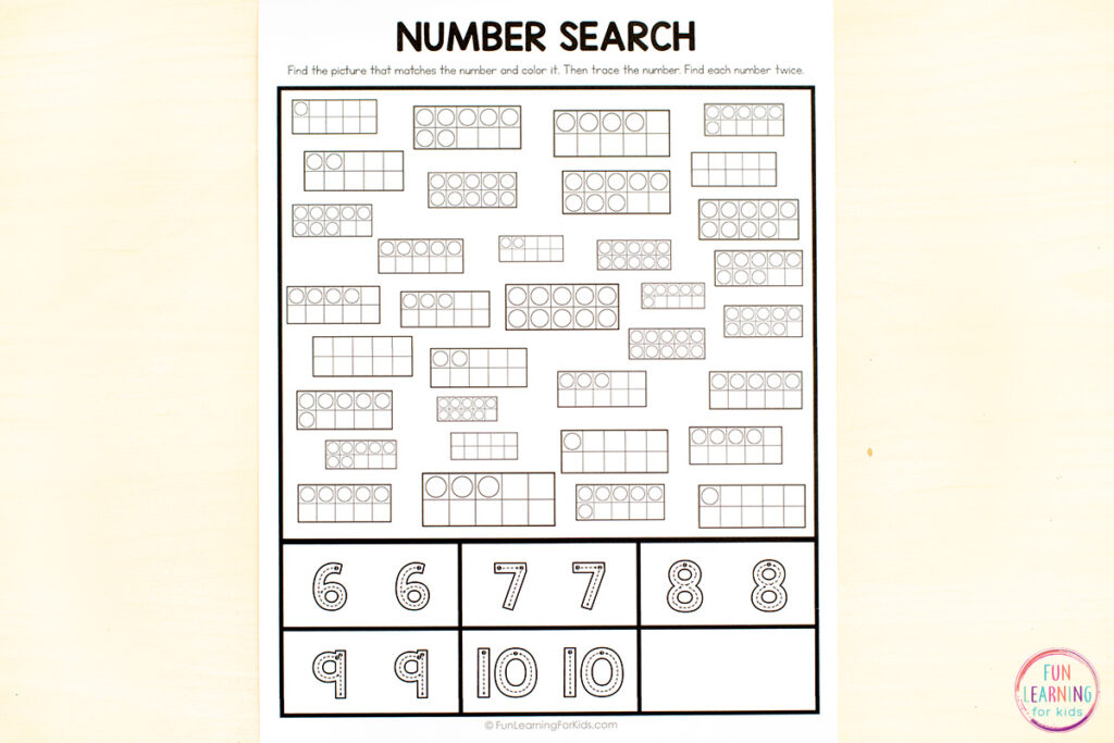 Number search with ten frames and twenty frames all around. Tracing numbers below number search pictures. Students find the number in the number search and then trace the number below.