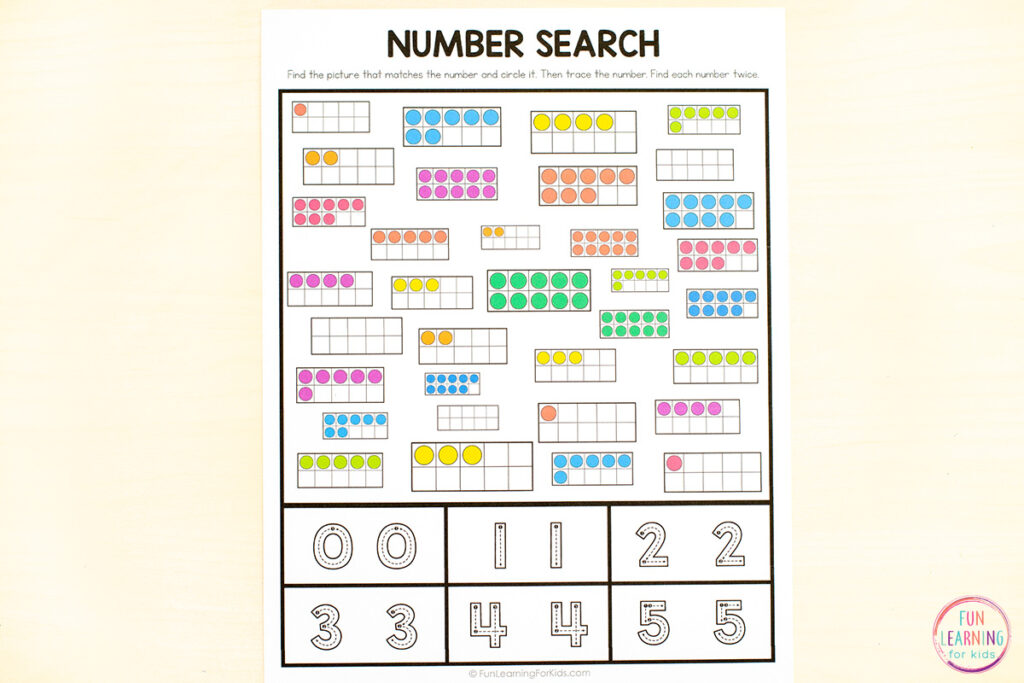 Number search worksheets for learning numbers 0-20 in kindergarten.