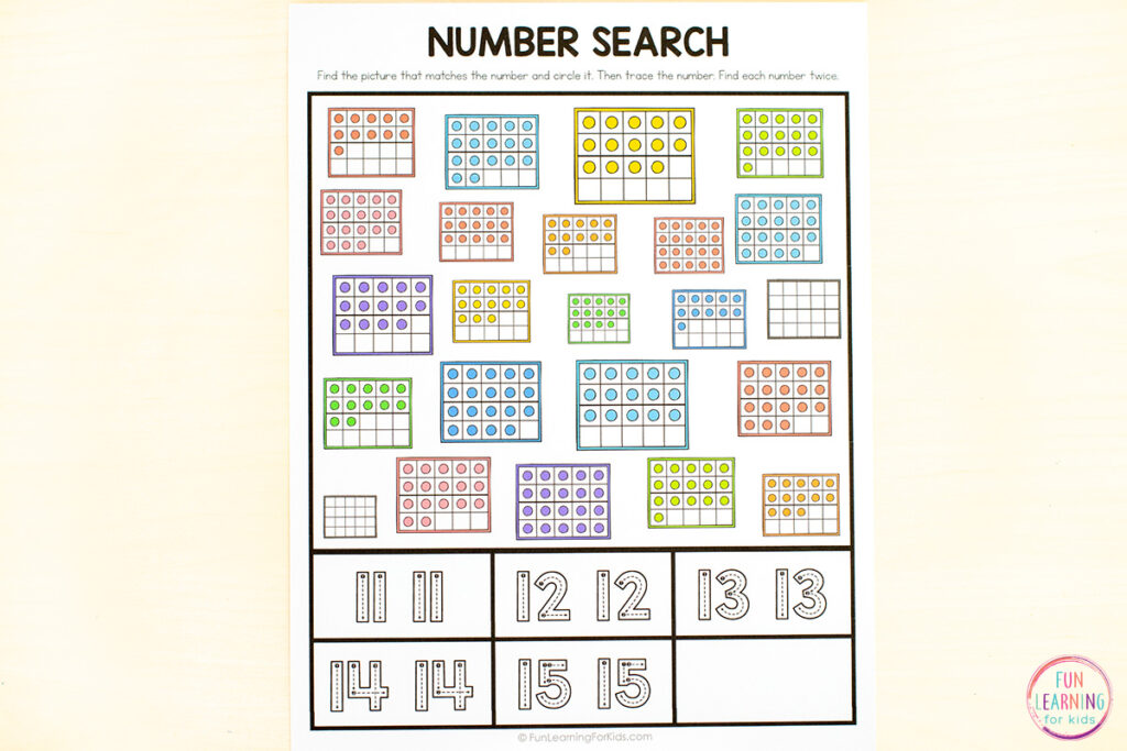 Number search find and trace worksheets for learning number recognition, number formation and counting.