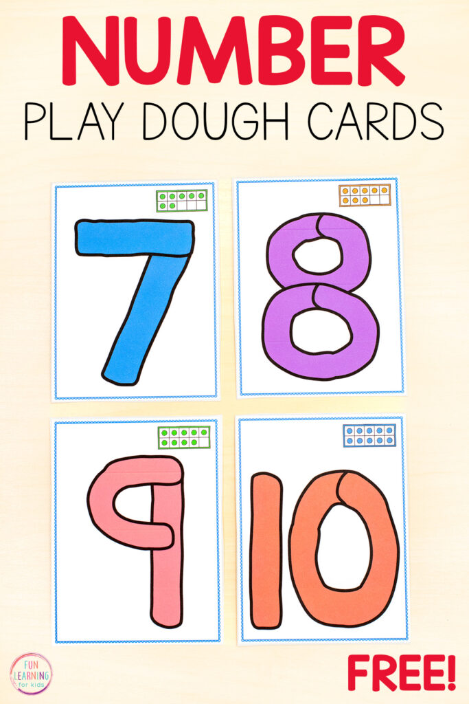 Free printable numbers 0-20 play dough cards for learning numbers in pre-k and kindergarten.