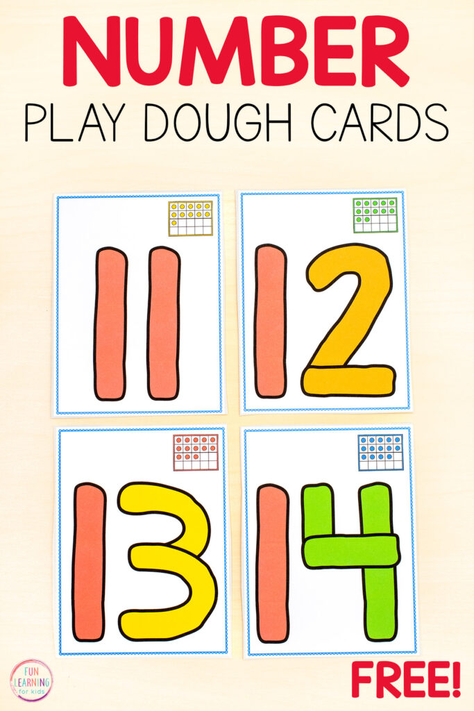 Numbers 0-20 play dough task cards for practice with number recognition, number formation and counting.