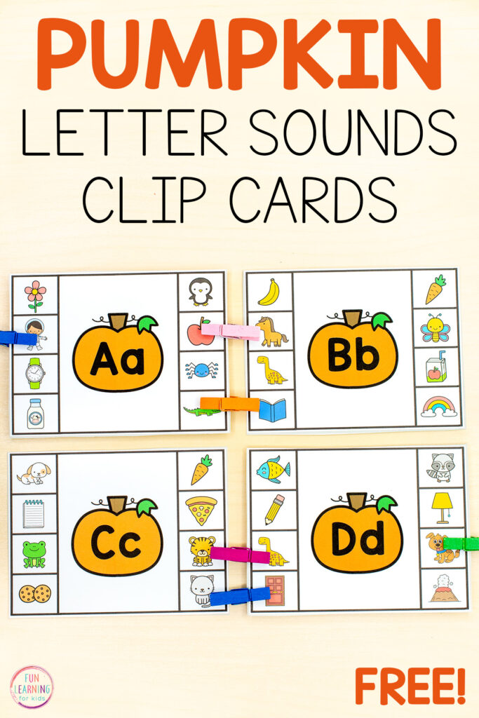 Free printable pumpkin theme beginning letter sounds alphabet clip cards for learning letters and sounds this fall. A fun learning activity for kindergarten.