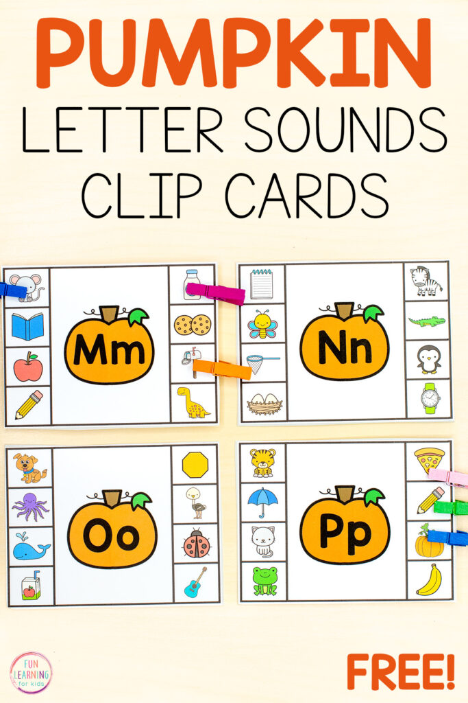 Pumpkin theme alphabet clip cards for learning beginning letter sounds in pre-k and kindergarten.