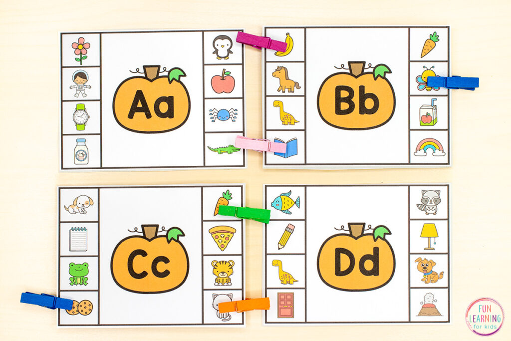 Pumpkin alphabet beginning sounds activity for learning letter recognition and beginning letter sound isolation.