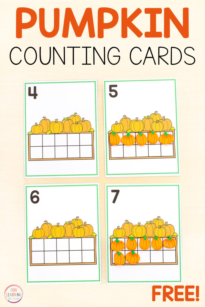 Free printable pumpkin theme counting task cards for learning numbers 0-20 in preschool, pre-k and kindergarten.