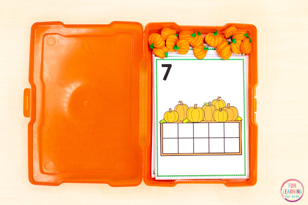 Pumpkin math task cards for learning numbers.