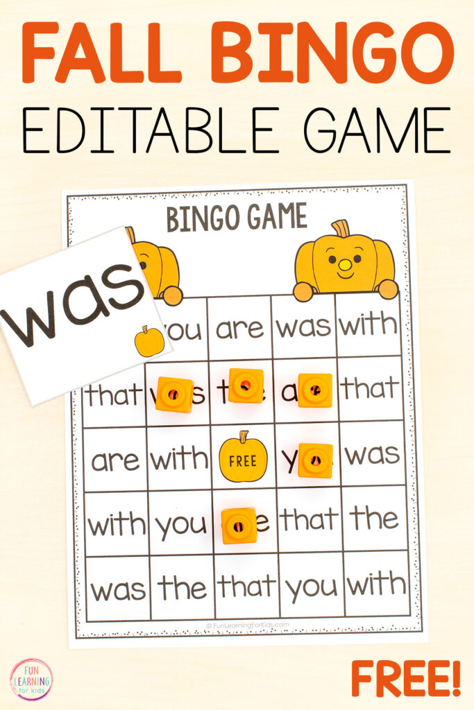 Pumpkin editable bingo game for reading practice with CVC words, high frequency words, blends, digraphs and more.