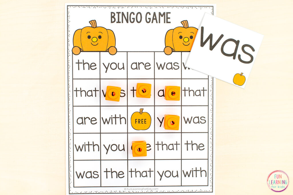 Free printable fall bingo game for learning to read.