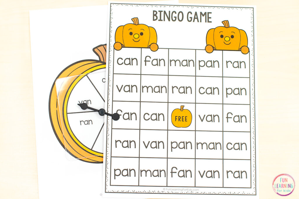 Free printable editable bingo game for practice with phonics skills.