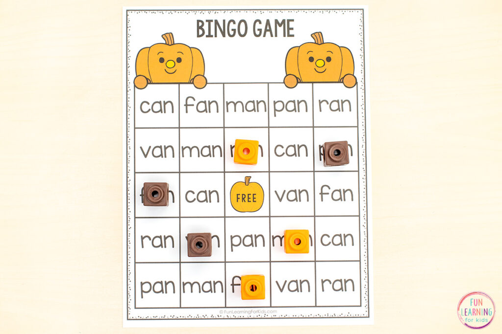 Pumpkin theme bingo game for reading practice and fluency practice.