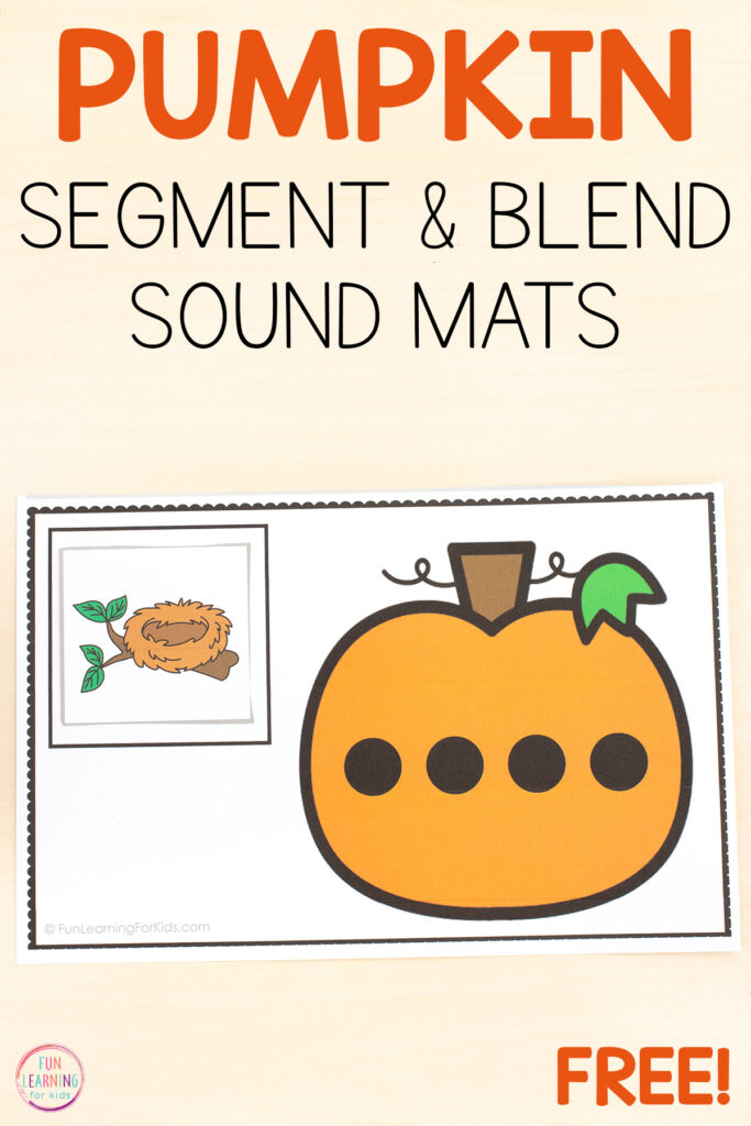 Pumpkin theme phonemic awareness activity for a hands-on way to practice blending and segmenting sounds.