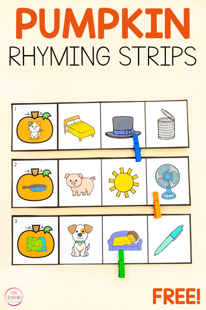 Free printable pumpkin rhyming clip strips activity for practice with rhyming and learning to rhyme in pre-k and kindergarten.
