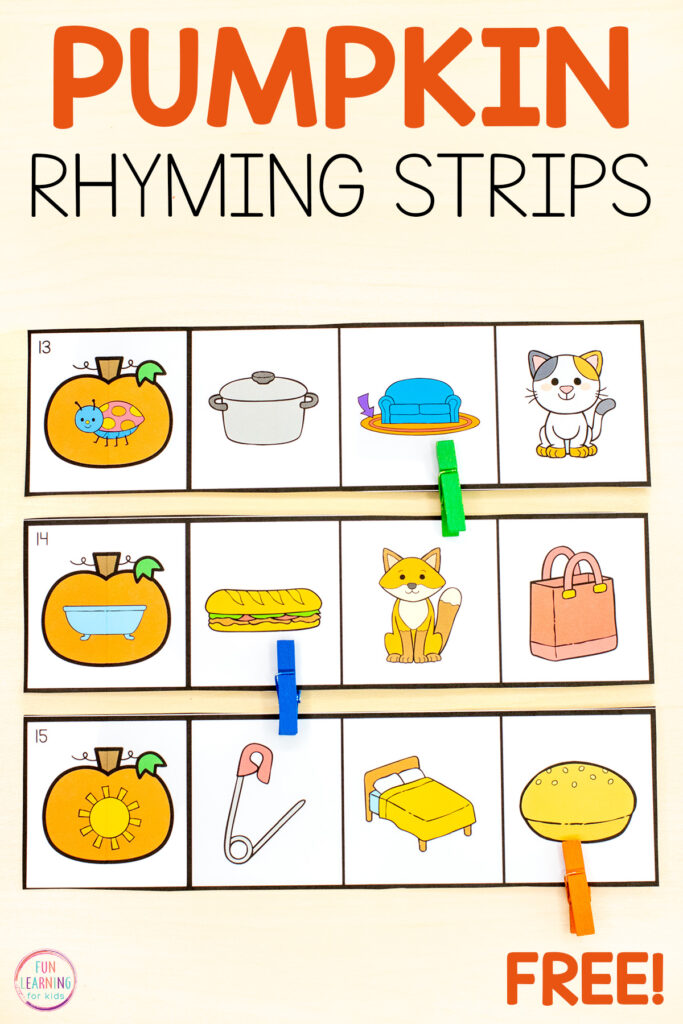 Pumpkin theme rhyming activity for kids who are developing phonological awareness while in pre-k and kindergarten.