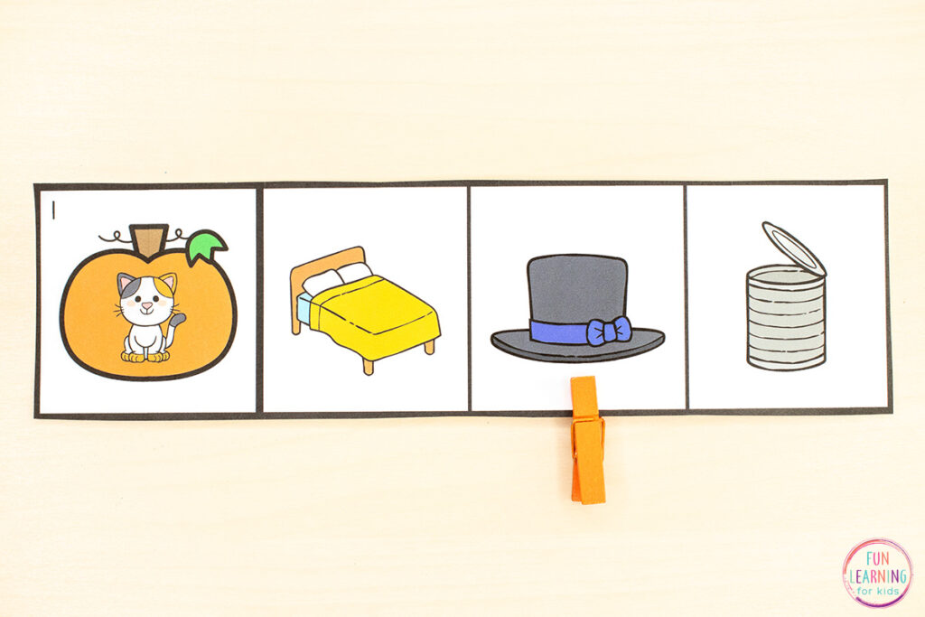 Pumpkin rhyming activity for kids to practice making rhymes while developing fine motor skills.