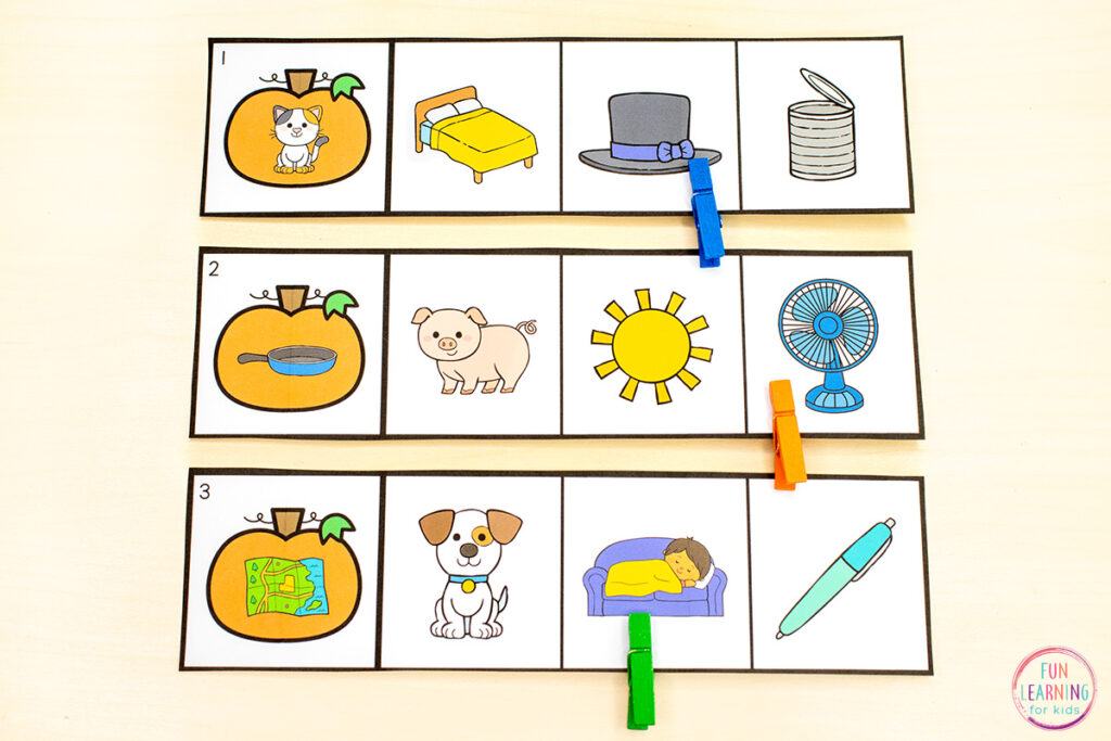 Free printable pumpkin rhyming activity for fall literacy centers.