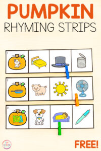 Pumpkin theme rhyming activity for developing phonological awareness.