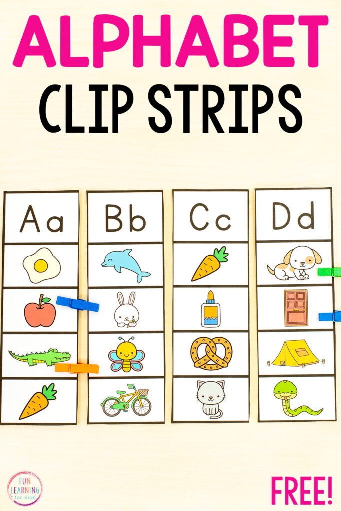 Alphabet beginning sounds clip cards for learning letter recognition and letter sounds in kindergarten.