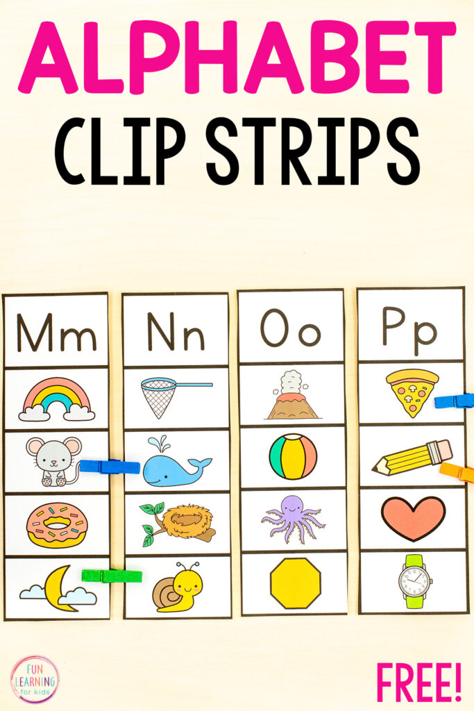 Beginning sounds alphabet activity for practice with letters and letter sounds. Look at the letter at the top of the strip and clip the two pictures that start with that letter below.