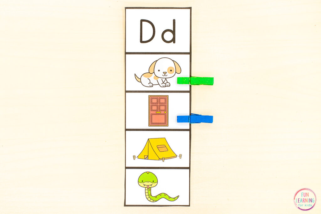 Beginning sounds alphabet activity for kids to learn letters and letter sounds in kindergarten.