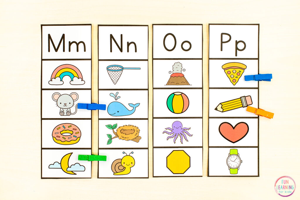 Printable beginning sounds alphabet clip cards phonics activity for learning to isolate beginning letter sounds.