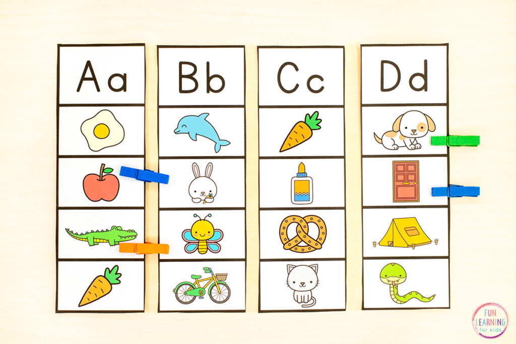 Alphabet beginning sounds phonics activity for developing phonemic awareness in kindergarten and first grade.