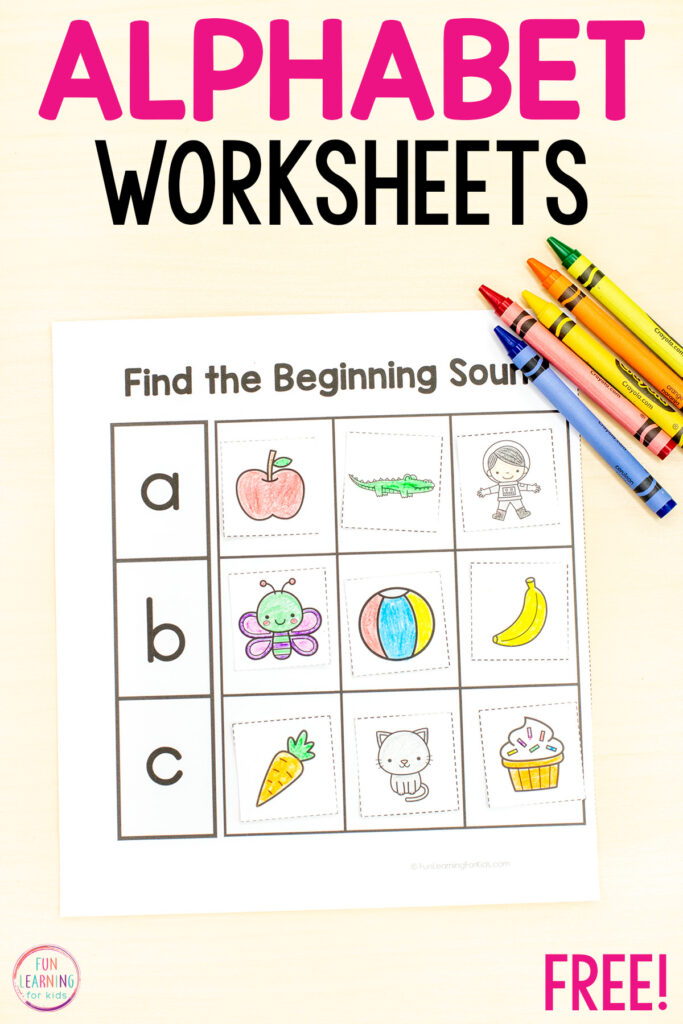 Free printable alphabet beginning sounds sorting worksheets for practice with letters and letter sounds.